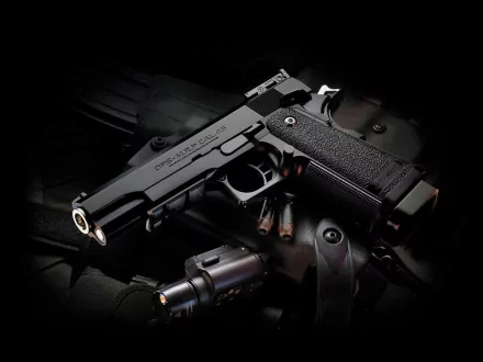 HD PC desktop wallpaper featuring a close-up of a black man-made pistol with tactical attachments against a dark background.