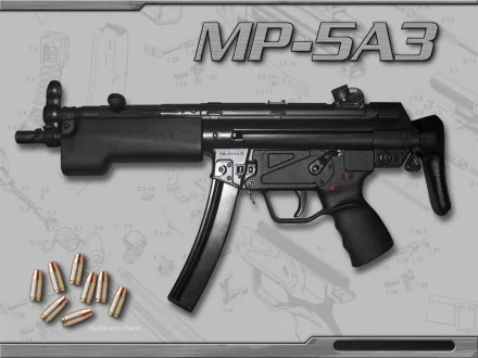 A high-definition wallpaper featuring a submachine gun, the MP-5A3, with surrounding bullet casings and a technical backdrop, emphasizing its design and craftsmanship.