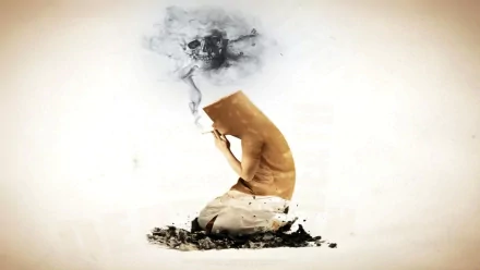 Abstract HD wallpaper featuring a figure holding a cigarette, with swirling smoke and a skull silhouette emerging above, capturing themes of addiction and despair.