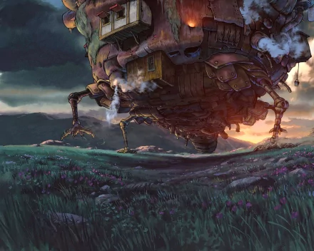 An HD wallpaper featuring the iconic moving castle from the anime Howl's Moving Castle, set against a dramatic sunset over lush, flowering fields.