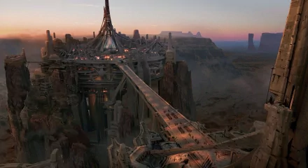 HD PC desktop wallpaper featuring a detailed futuristic cityscape from the movie John Carter at sunset with towering structures and dramatic lighting.