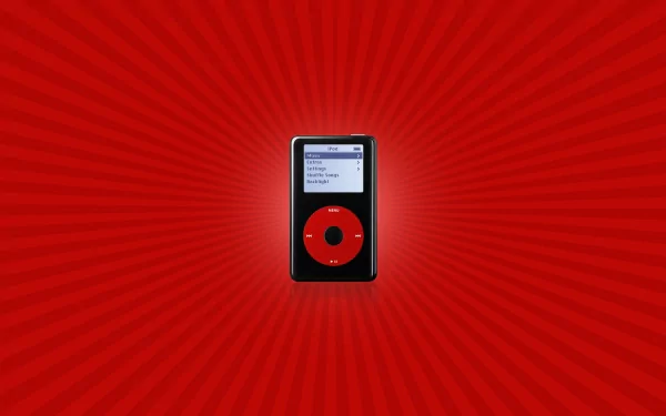 Black and red iPod centered on a red radial burst background, Apple Inc. technology HD desktop wallpaper
