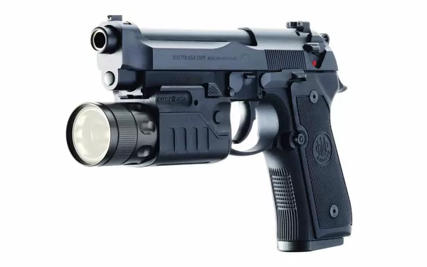 HD PC desktop wallpaper and background: close-up of a man-made Beretta handgun with an attached tactical flashlight on a white backdrop.