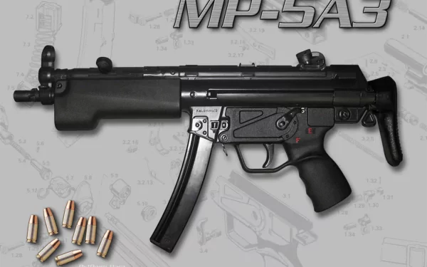 A high-definition wallpaper featuring a submachine gun, the MP-5A3, with surrounding bullet casings and a technical backdrop, emphasizing its design and craftsmanship.