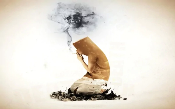 Abstract HD wallpaper featuring a figure holding a cigarette, with swirling smoke and a skull silhouette emerging above, capturing themes of addiction and despair.