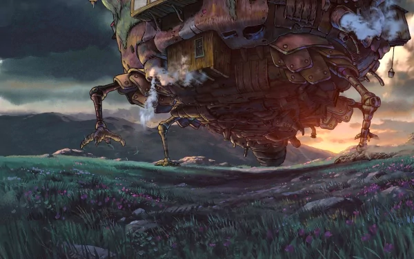 An HD wallpaper featuring the iconic moving castle from the anime Howl's Moving Castle, set against a dramatic sunset over lush, flowering fields.