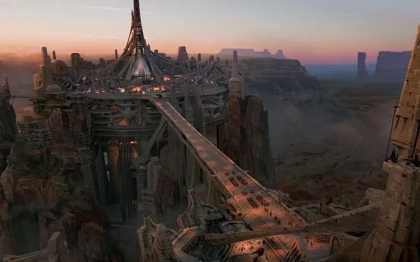 HD PC desktop wallpaper featuring a detailed futuristic cityscape from the movie John Carter at sunset with towering structures and dramatic lighting.