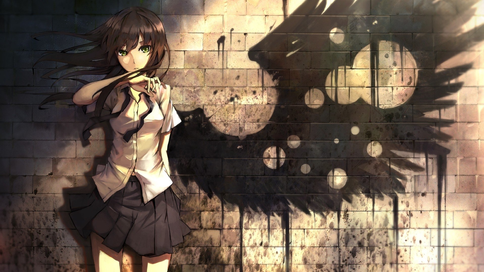 HD anime-style original artwork depicts a girl in a school uniform standing against a wall with a dark wing-shaped graffiti, designed as a PC desktop wallpaper.