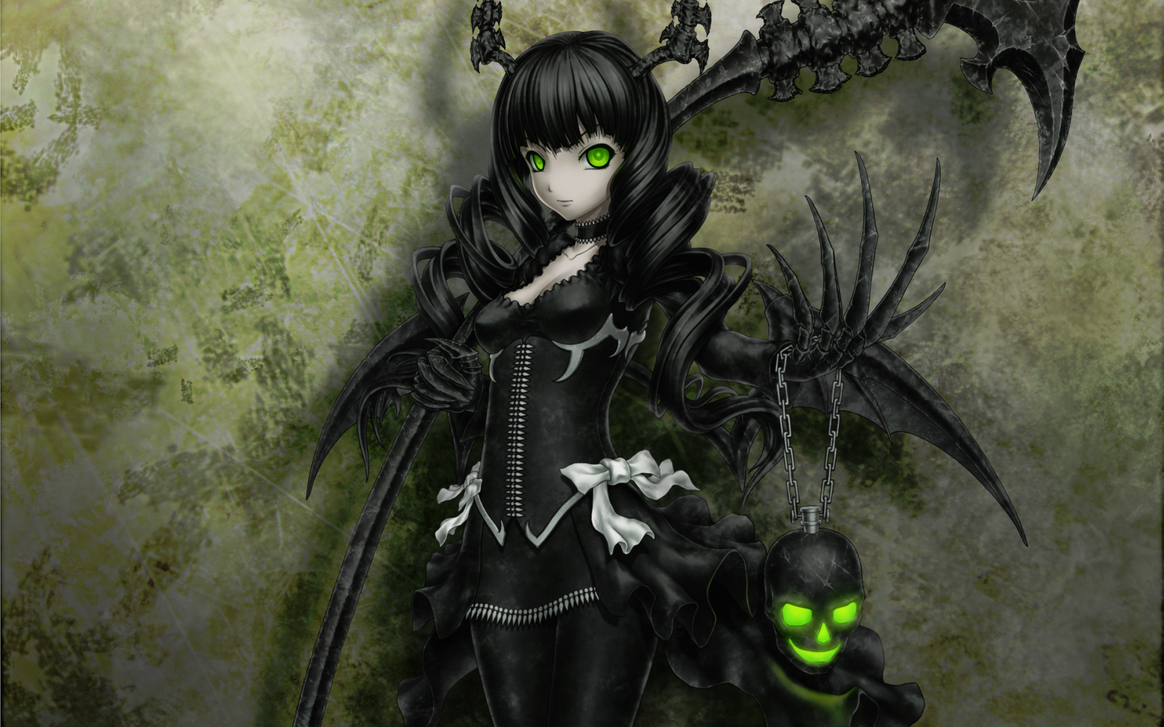 HD PC desktop wallpaper featuring Dead Master from Black Rock Shooter anime, showcasing her dark gothic outfit and glowing green eyes against a textured background.