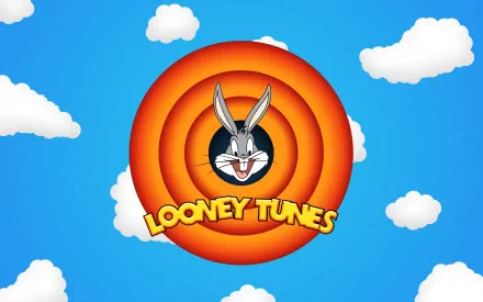 HD wallpaper featuring Bugs Bunny from the iconic TV show Looney Tunes, set against a bright blue sky with fluffy clouds and the classic Looney Tunes logo.