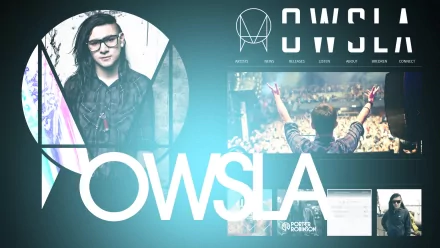 A vibrant HD wallpaper featuring Skrillex, showcasing his OWSLA brand, capturing the energy of trance and dubstep music with dynamic design elements.