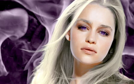 An abstract HD desktop wallpaper featuring Daenerys Targaryen, portrayed by Emilia Clarke, with flowing hair and captivating purple tones in the background.