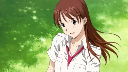 Anime HD PC desktop wallpaper — Kamisama Dolls: brown-haired schoolgirl in a white shirt and red tie, hair blowing, gentle expression against a sunlit green grass background.