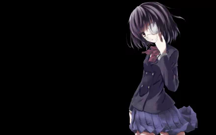 Anime character Mei Misaki stands with a playful expression, wearing a bow and a skirt. She has red eyes and short black hair, set against a dark background, creating a striking visual.