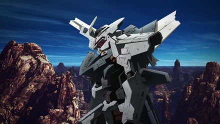 HD anime desktop wallpaper featuring a detailed mecha from Broken Blade standing against a clear blue sky and rocky mountainous landscape.