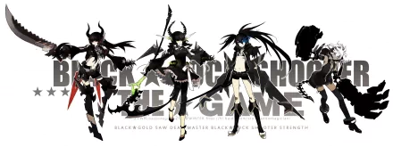 HD PC desktop wallpaper of Black Rock Shooter anime featuring Dead Master (Black Rock Shooter), Strength (Black Rock Shooter), Black Gold Saw and Black Rock Shooter in a dark, stylized lineup.