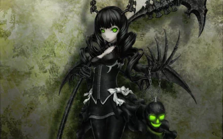 HD PC desktop wallpaper featuring Dead Master from Black Rock Shooter anime, showcasing her dark gothic outfit and glowing green eyes against a textured background.