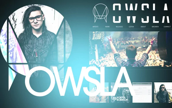A vibrant HD wallpaper featuring Skrillex, showcasing his OWSLA brand, capturing the energy of trance and dubstep music with dynamic design elements.