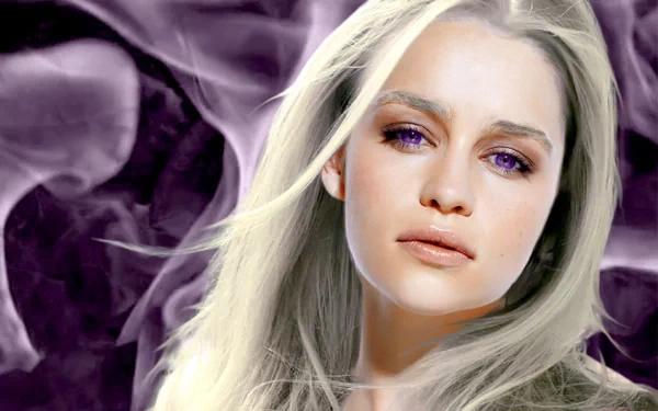 An abstract HD desktop wallpaper featuring Daenerys Targaryen, portrayed by Emilia Clarke, with flowing hair and captivating purple tones in the background.