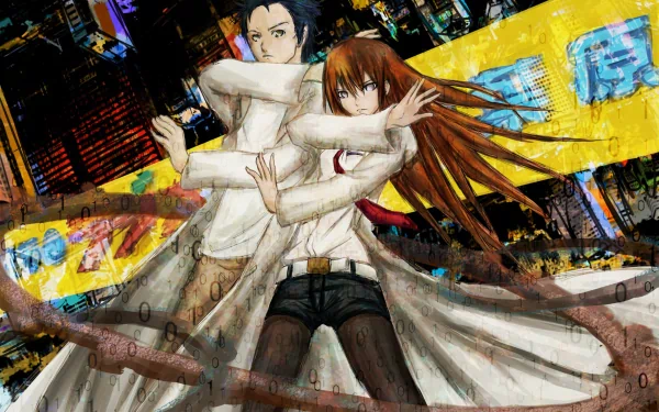 HD desktop wallpaper featuring Kurisu Makise and Rintaro Okabe from the anime Steins;Gate, set against a vibrant cityscape with a dynamic and action-packed composition.