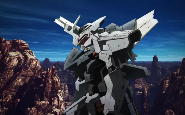 HD anime desktop wallpaper featuring a detailed mecha from Broken Blade standing against a clear blue sky and rocky mountainous landscape.