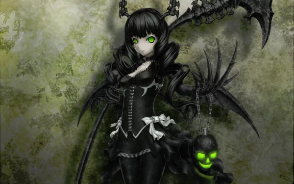 HD PC desktop wallpaper featuring Dead Master from Black Rock Shooter anime, showcasing her dark gothic outfit and glowing green eyes against a textured background.