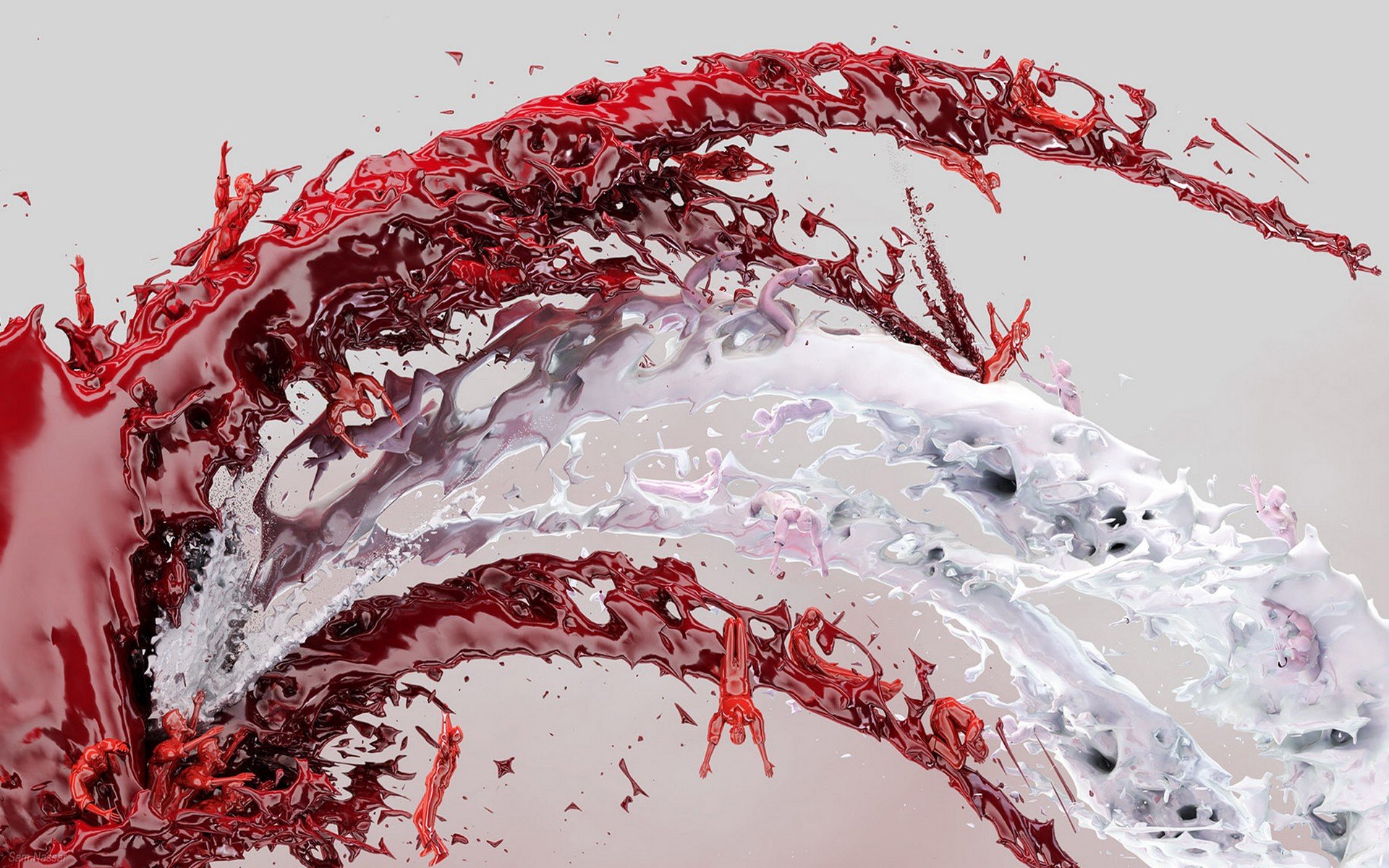 Abstract artistic HD PC desktop wallpaper and background, red and white liquid splashes curl across a pale gray field in dynamic, flowing arcs.