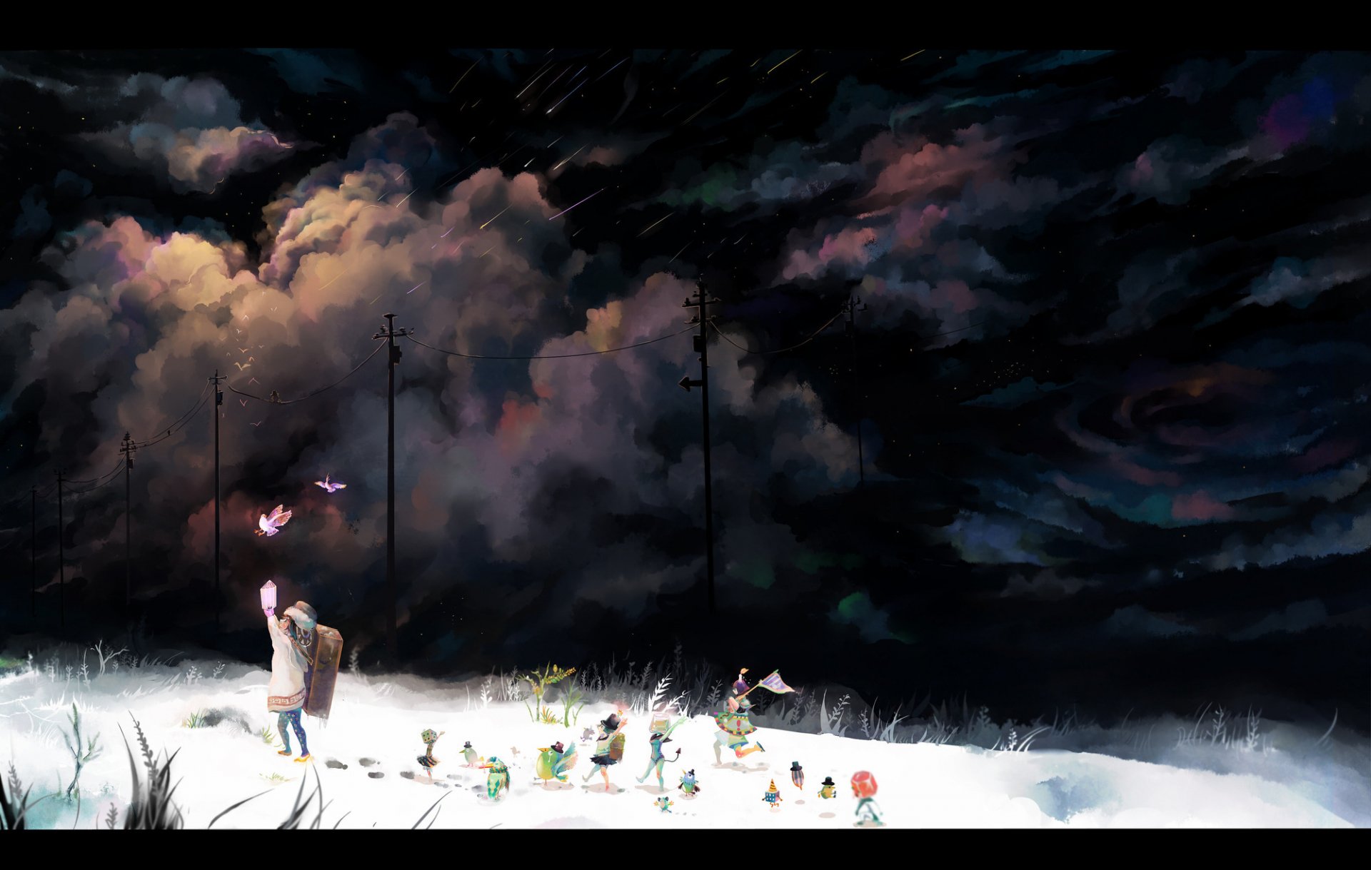 A captivating HD anime wallpaper features a figure standing in a snowy landscape, surrounded by colorful characters, under a dramatic night sky filled with swirling clouds.