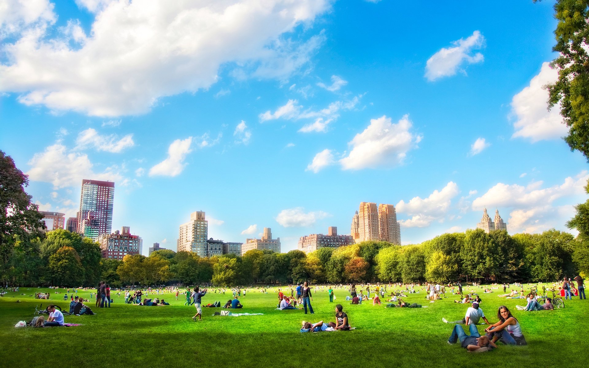 Photography of people relaxing on a sunlit urban park lawn with a city skyline under a bright blue sky — HD PC desktop wallpaper and background.