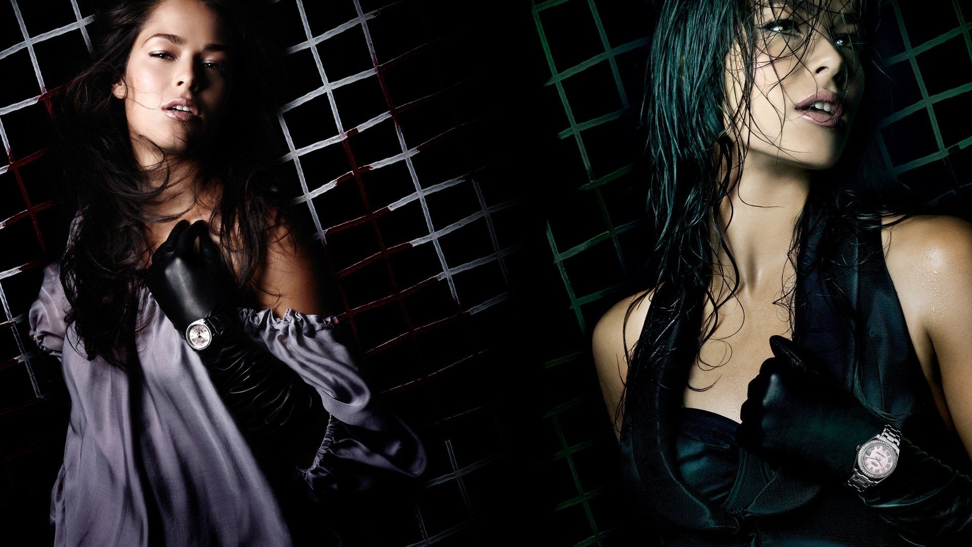 HD PC desktop wallpaper showing a dual portrait of a female sports figure with wet hair and gloves against a dark grid background, styled as athletic glamour.