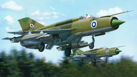 HD desktop wallpaper showcasing two military aircraft in flight against a blue sky, featuring camouflaged fighter jets with national insignia.