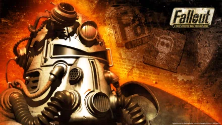 HD PC desktop wallpaper featuring iconic power armor from the Fallout video game series against a fiery, post-apocalyptic background.