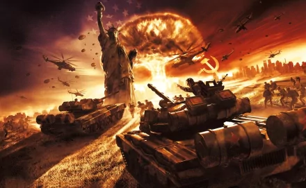 HD PC desktop wallpaper from the video game World In Conflict, featuring tanks, helicopters, the Statue of Liberty, and a fiery explosion with a Soviet hammer and sickle symbol in the sky.