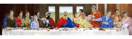 A modern reinterpretation of The Last Supper, featuring characters in contemporary attire, set against a scenic backdrop. This HD wallpaper adds a unique twist to a classic scene.