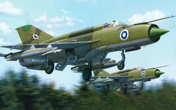 HD desktop wallpaper showcasing two military aircraft in flight against a blue sky, featuring camouflaged fighter jets with national insignia.