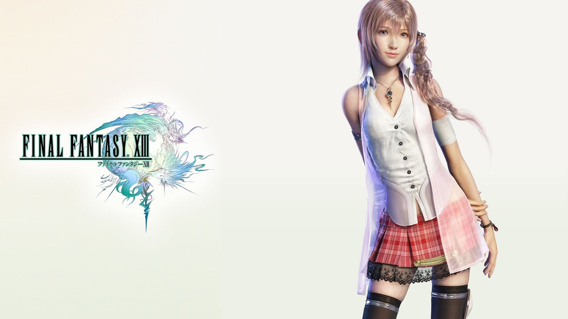 A high-definition desktop wallpaper featuring a character from Final Fantasy XIII, showcasing vibrant colors and intricate character design against a minimal background.