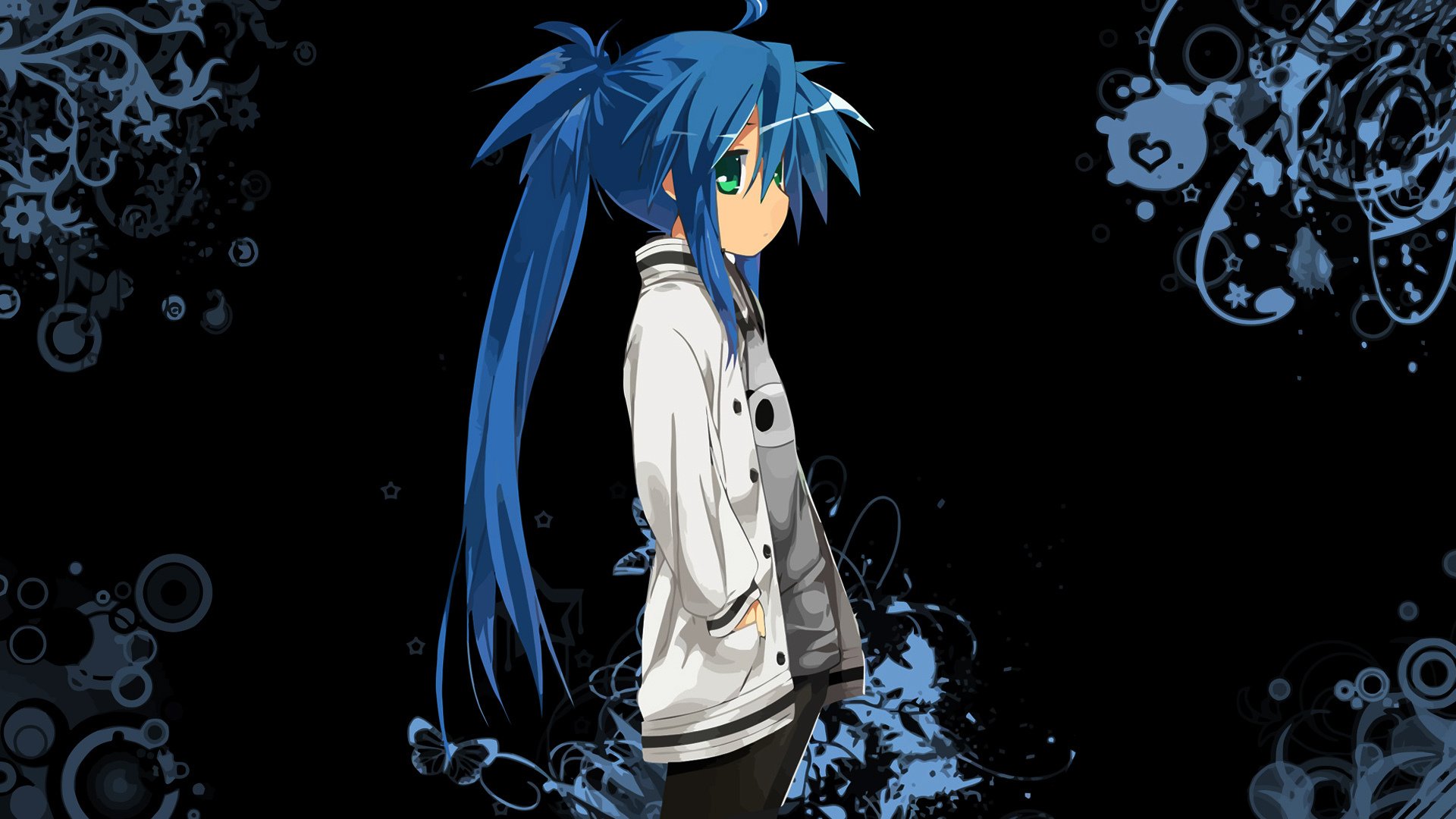 HD PC desktop wallpaper featuring Konata Izumi from the anime Lucky Star, set against a dark background with blue floral and abstract designs.