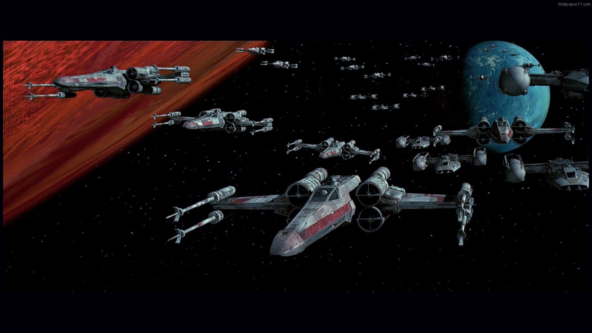 HD PC desktop wallpaper featuring a Star Wars sci-fi scene with X-wing starfighters flying near a large space station and a red planet in the background.