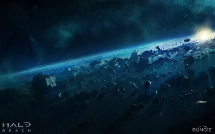 HD PC desktop wallpaper featuring a cosmic asteroid field with a distant planet, inspired by the video game Halo: Reach.