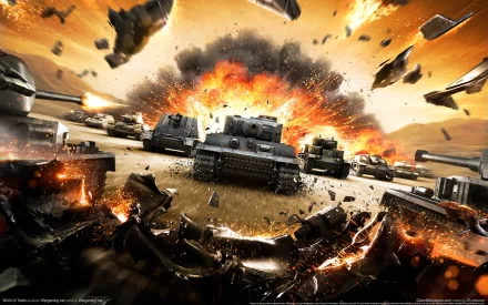An explosive scene from World of Tanks, showcasing tanks amidst a dramatic explosion and debris, designed as a striking HD desktop wallpaper and background.