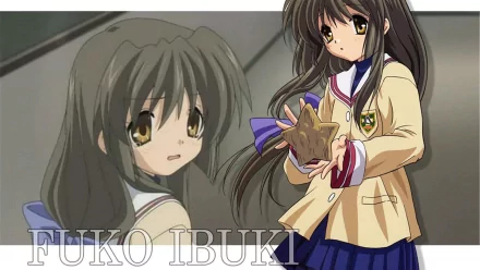 HD anime desktop wallpaper featuring Fuuko Ibuki from Clannad, showcasing her in a school uniform with a gentle expression against a muted background.