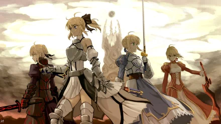 HD desktop wallpaper featuring Sabers from the Fate/Stay Night series: Saber Alter, Red Saber, Saber Lily, and Saber, standing confidently, with a dramatic sky in the background.