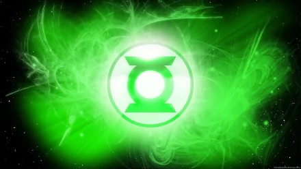 A vibrant green illustration features the Green Lantern logo, surrounded by dynamic swirls and cosmic effects, serving as a striking HD desktop wallpaper and background.
