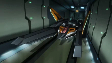 Gundam 00 anime HD PC desktop wallpaper/background: a sleek Gundam craft with orange cockpit and long wings speeding through a dim futuristic corridor.