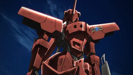 HD PC desktop wallpaper of a red mech from the anime Broken Blade, set against a deep blue sky background.