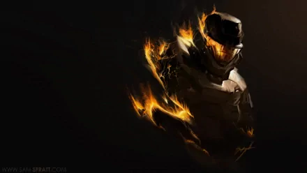 A dynamic HD wallpaper featuring a character from the video game Halo, with vibrant flames enveloping a futuristic armored figure against a dark background.
