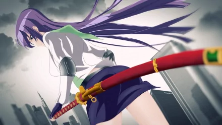 A character from Highschool of the Dead stands poised with a katana, her long purple hair flowing behind her, against a dramatic urban backdrop. HD desktop wallpaper design.