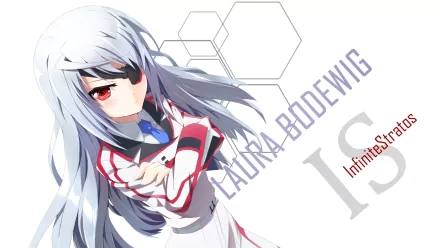 A striking HD wallpaper featuring Laura Bodewig from the anime *Infinite Stratos*, showcasing her iconic look with stylish graphics and bold text elements.