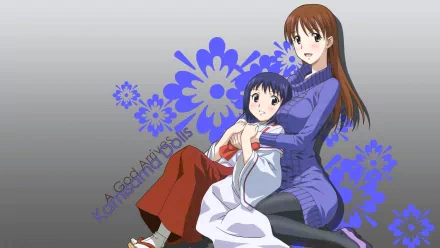 Anime HD PC desktop wallpaper from Kamisama Dolls showing a brown‑haired woman embracing a blue‑haired girl amid stylized blue flowers on a gray gradient background.