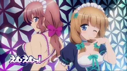 HD PC desktop wallpaper featuring two anime girls in maid outfits from the series MM!, set against a geometric, patterned background.